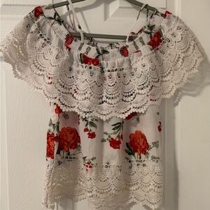 No Boundaries White and Red Ruffled Off-the-Shoulder Blouse